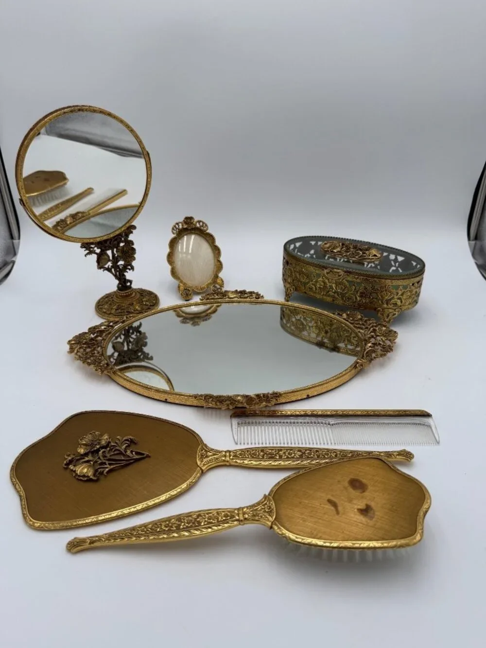 Vintage Gold Vanity Set With Hand Mirror Comb Brush Tray Jewelry Box & Small Fra